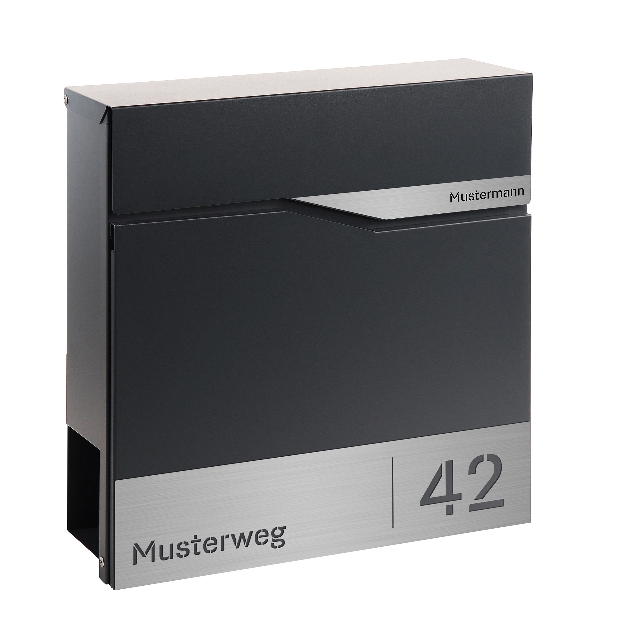 Briefkasten Trelleborg Anthrazit (RAL7016) Edelstahl mit Zeitungsfach - personalisiert mit Namensschild, Hausnummer und Straßennamen als Gravur