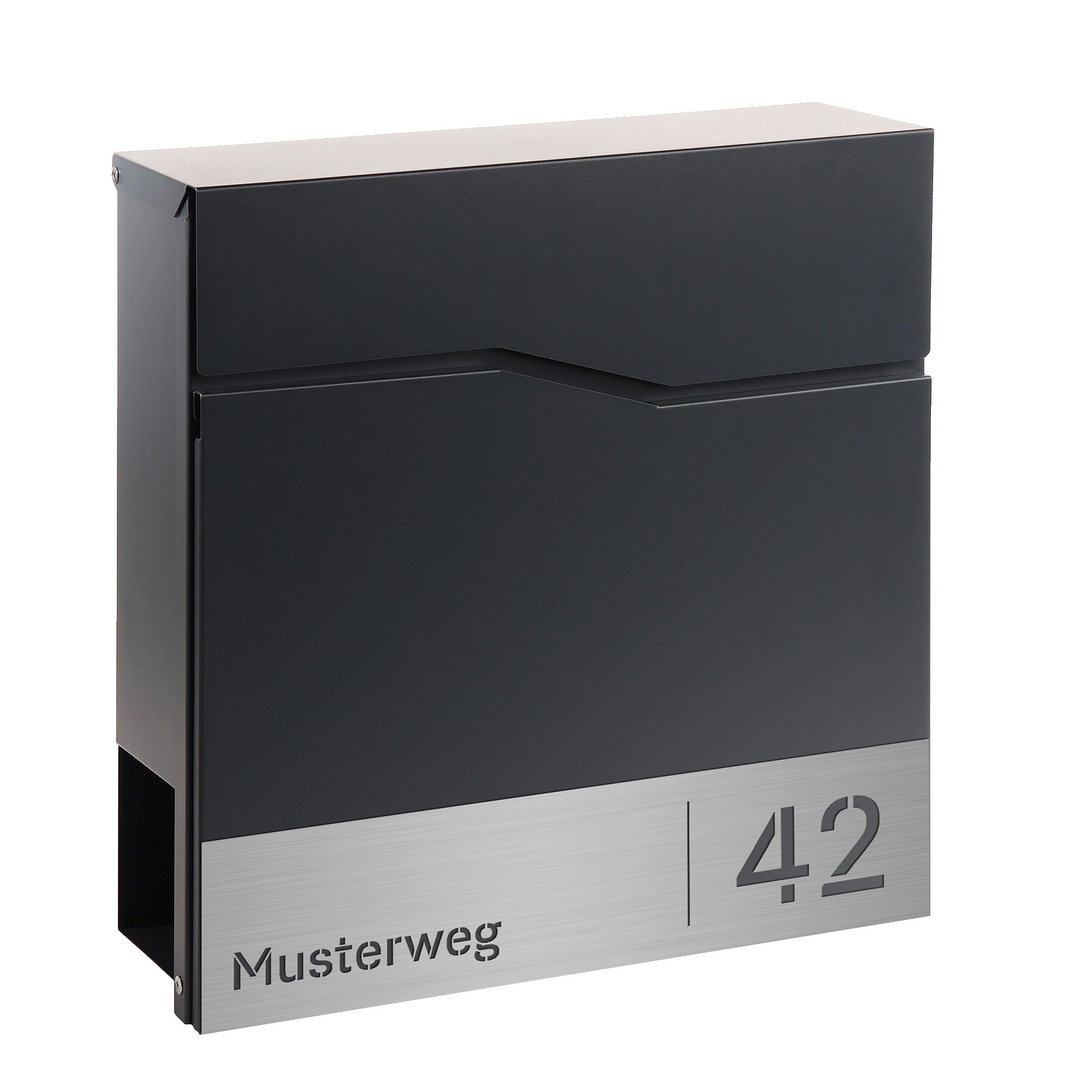 Briefkasten Trelleborg Anthrazit (RAL7016) Edelstahl mit Zeitungsfach - personalisiert mit Hausnummer und Straßenname als Gravur