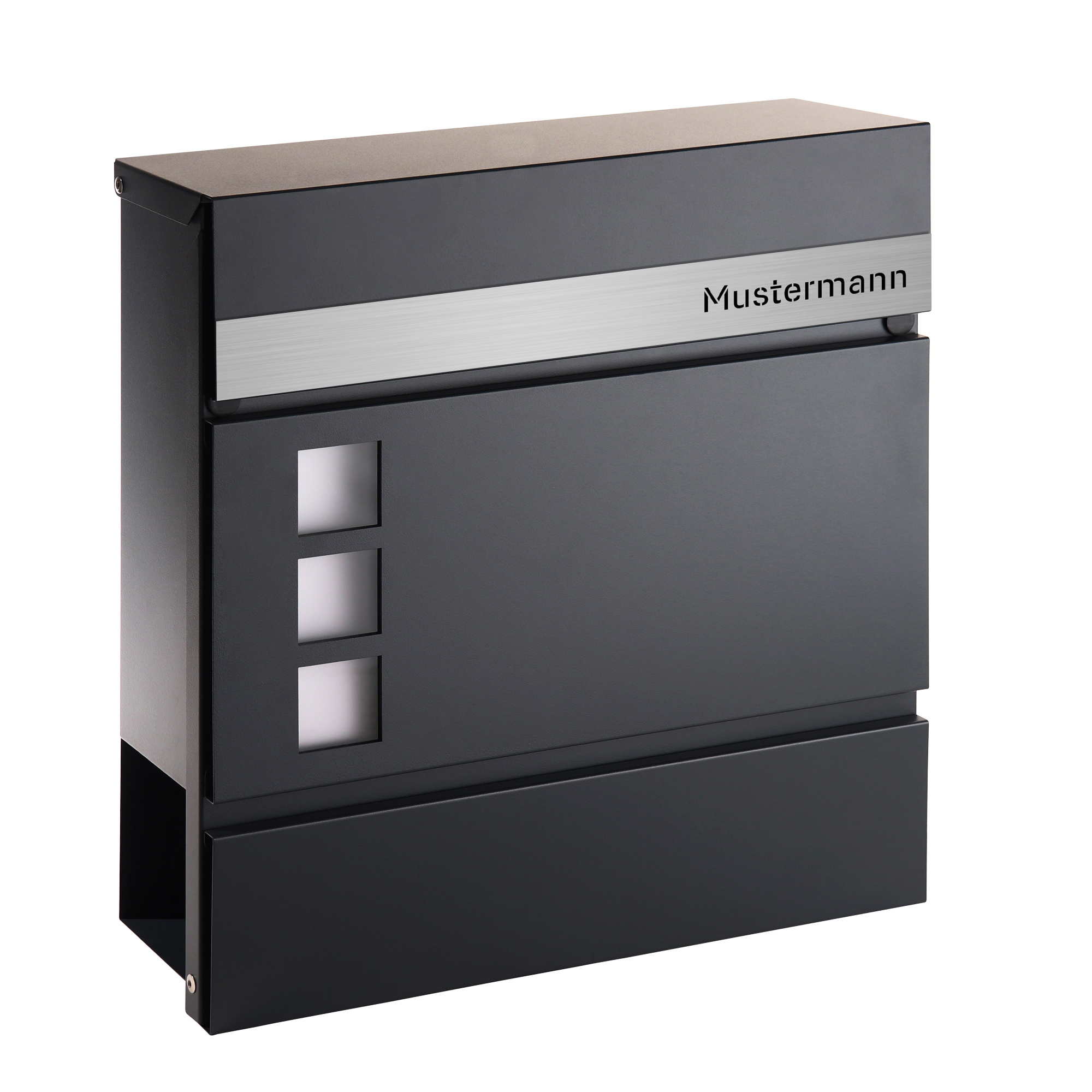Briefkasten Helsinborg Anthrazit (RAL7016) Edelstahl mit Zeitungsfach und Sichtfenster - personalisiert mit Namensschild als Gravur