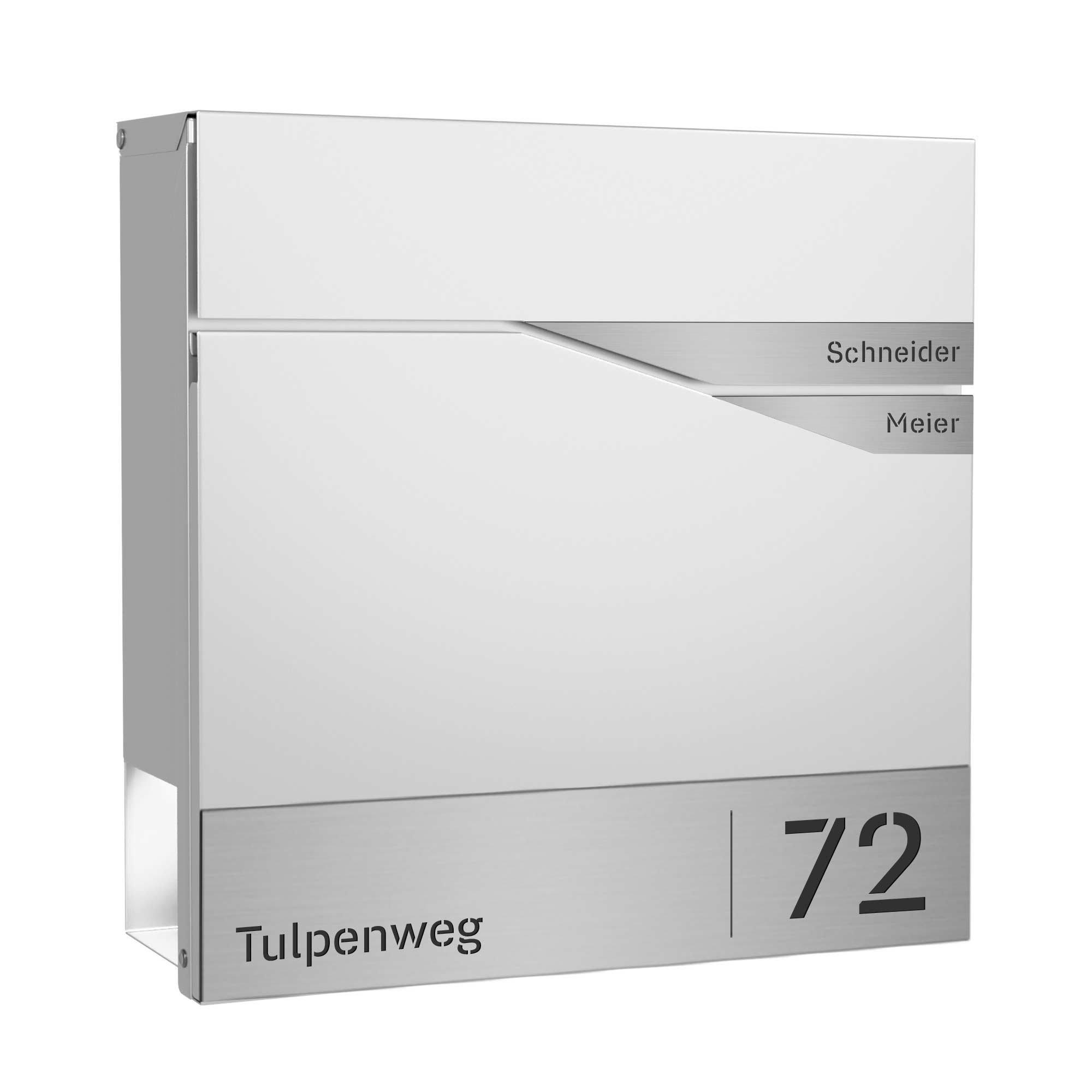 Briefkasten Trelleborg Weiß (RAL9016) Zinkstahl mit Zeitungsfach - personalisiert mit 2 Namensschildern, Hausnummer und Straßennamen als Gravur