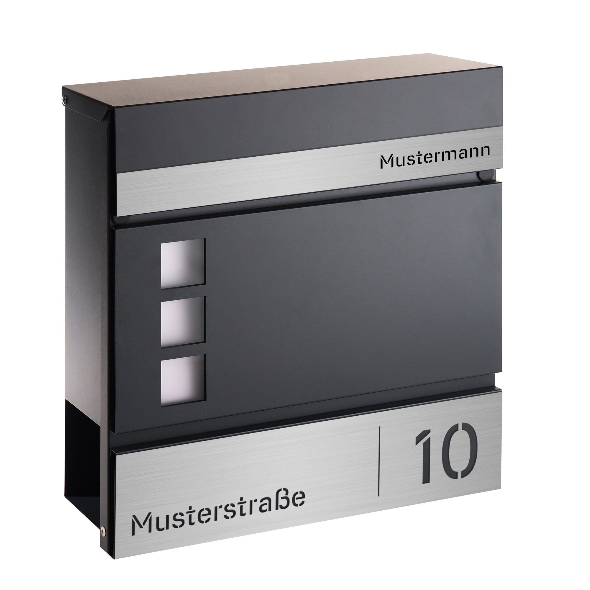 Briefkasten Helsinborg Anthrazit (RAL7016) Edelstahl Zeitungsfach, Sichtfenster - personalisiert mit Namensschild, Hausnummer, Straßenname als Gravur