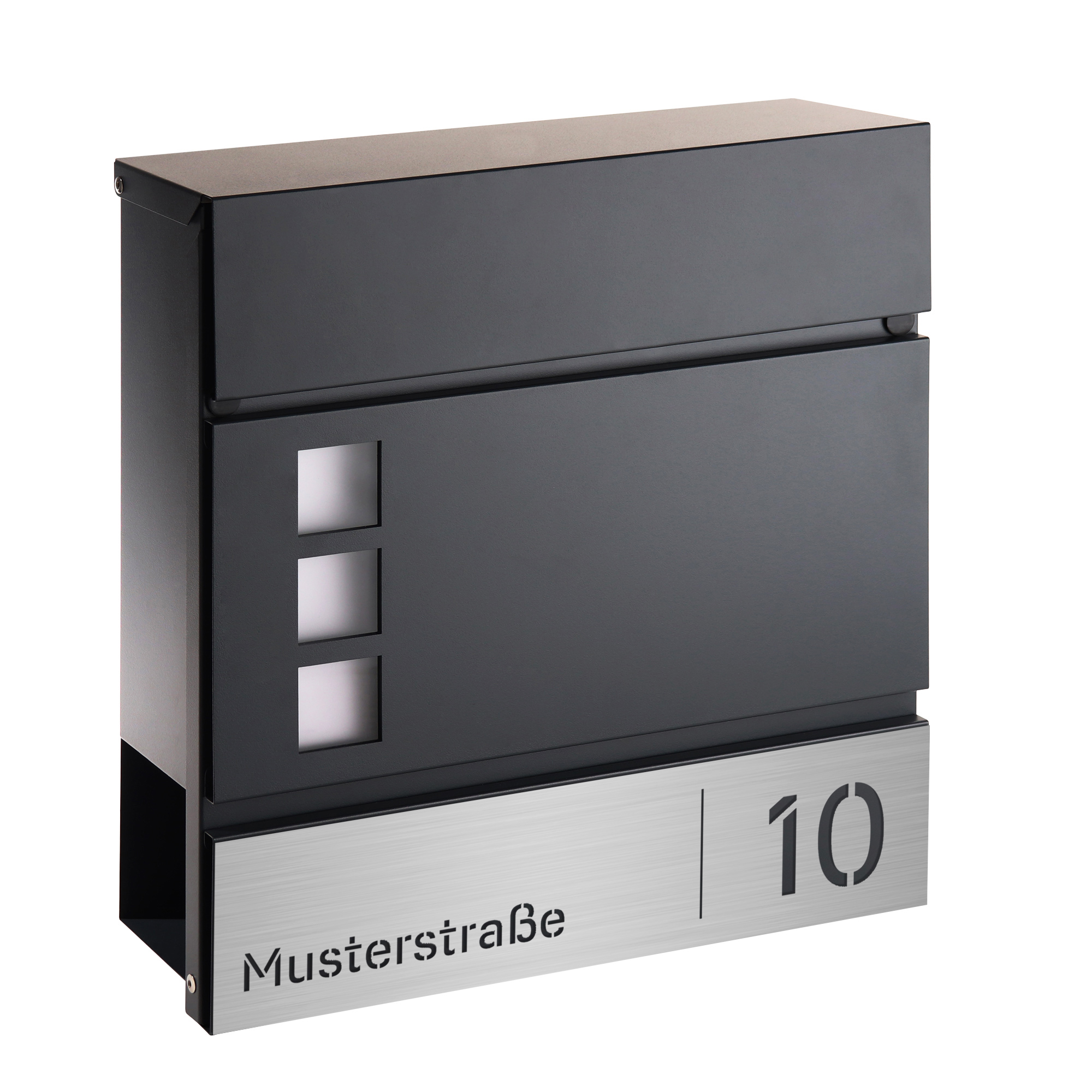 Briefkasten Helsinborg (RAL7016) Edelstahl Anthrazit mit Zeitungsfach und Sichtfenster - personalisiert mit Hausnummer und Straßenname als Gravur