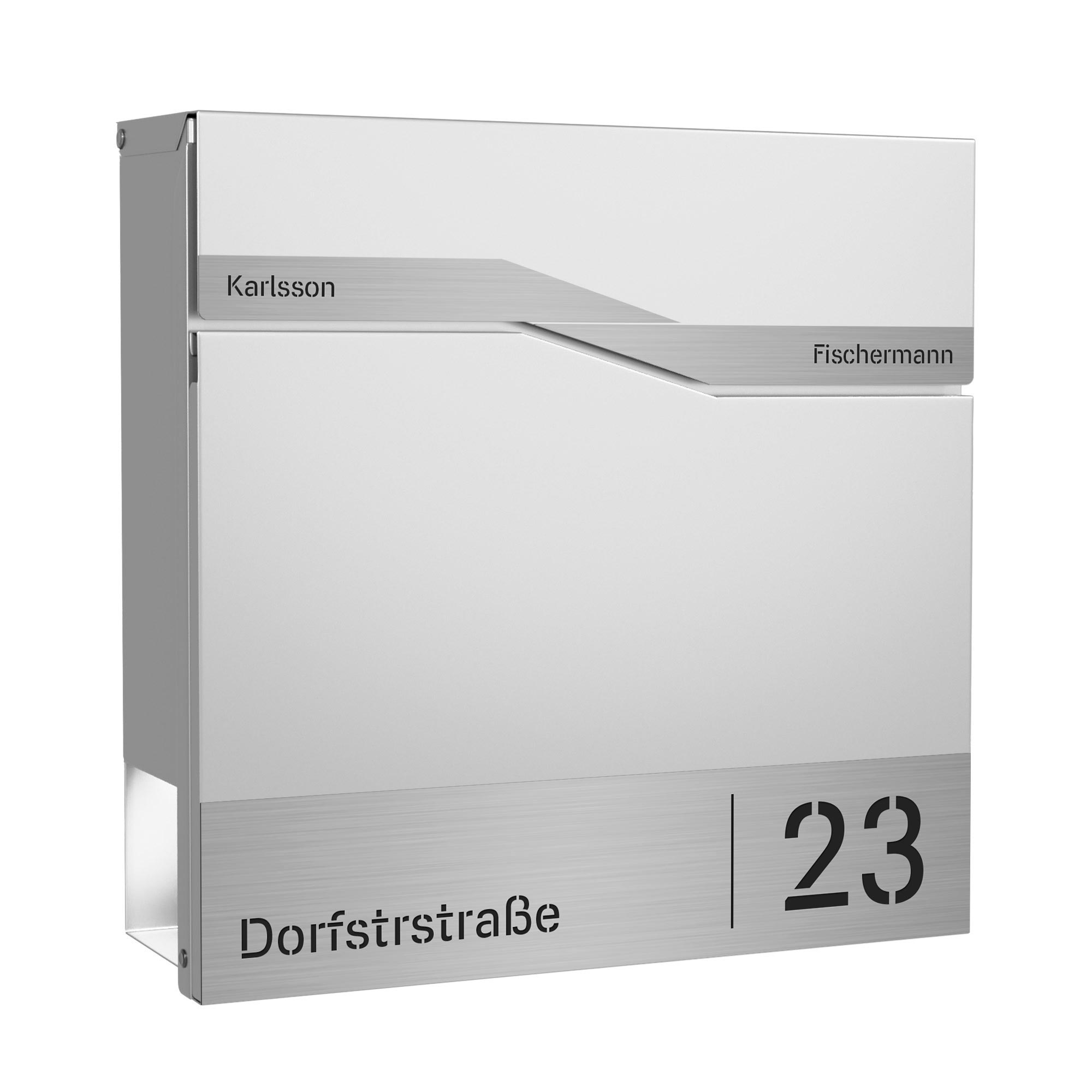 Briefkasten Trelleborg Weiß (RAL9016) Zinkstahl mit Zeitungsfach - personalisiert mit 2 Namensschildern, Hausnummer und Straßennamen als Gravur